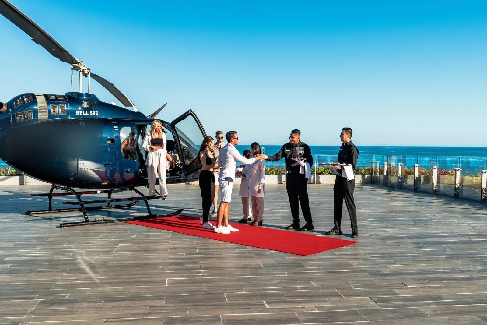 A helicopter tour tracing the coastline beyond the resort.