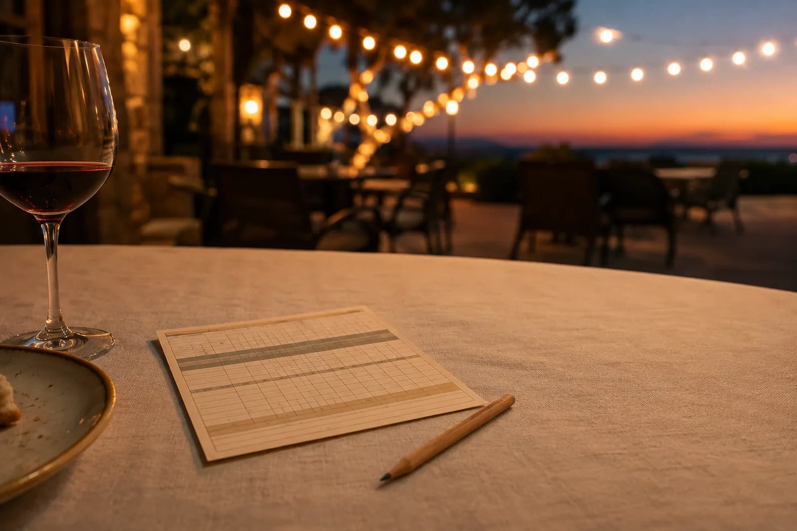 A golf scorecard and pencil on a linen-covered terrace table at dusk, a glass of red wine beside them and string lights glowing above empty chairs.