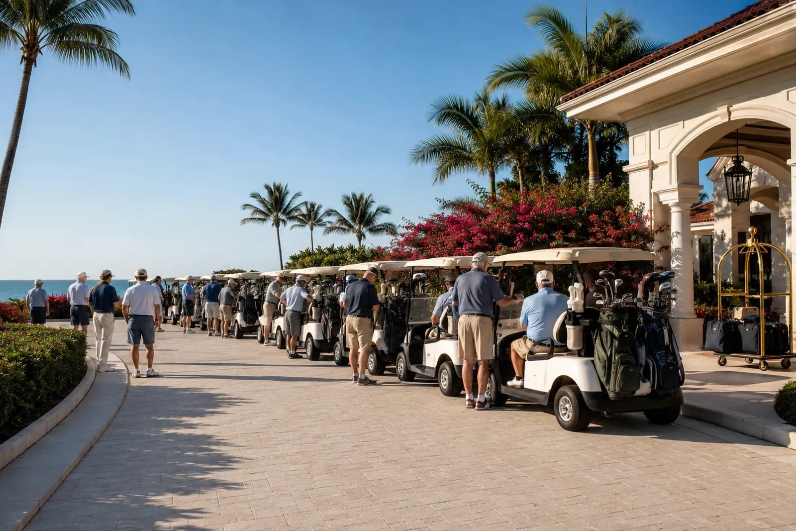 A line of golf carts loaded with bags along a resort driveway on a bright morning, a large group of golfers loading up beside them, palms and the sea behind.