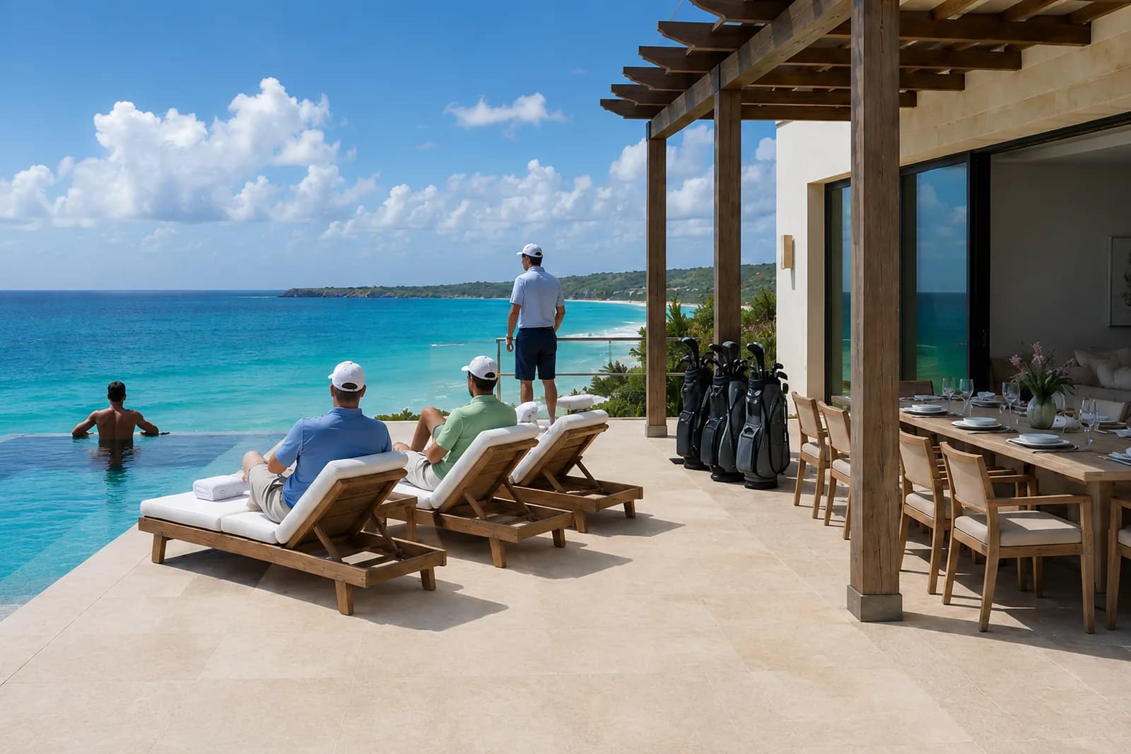 A private villa terrace in bright sun: an infinity pool meeting a turquoise sea, golfers at ease on loungers and at the rail, a long table set under a pergola and golf bags lined against the wall.