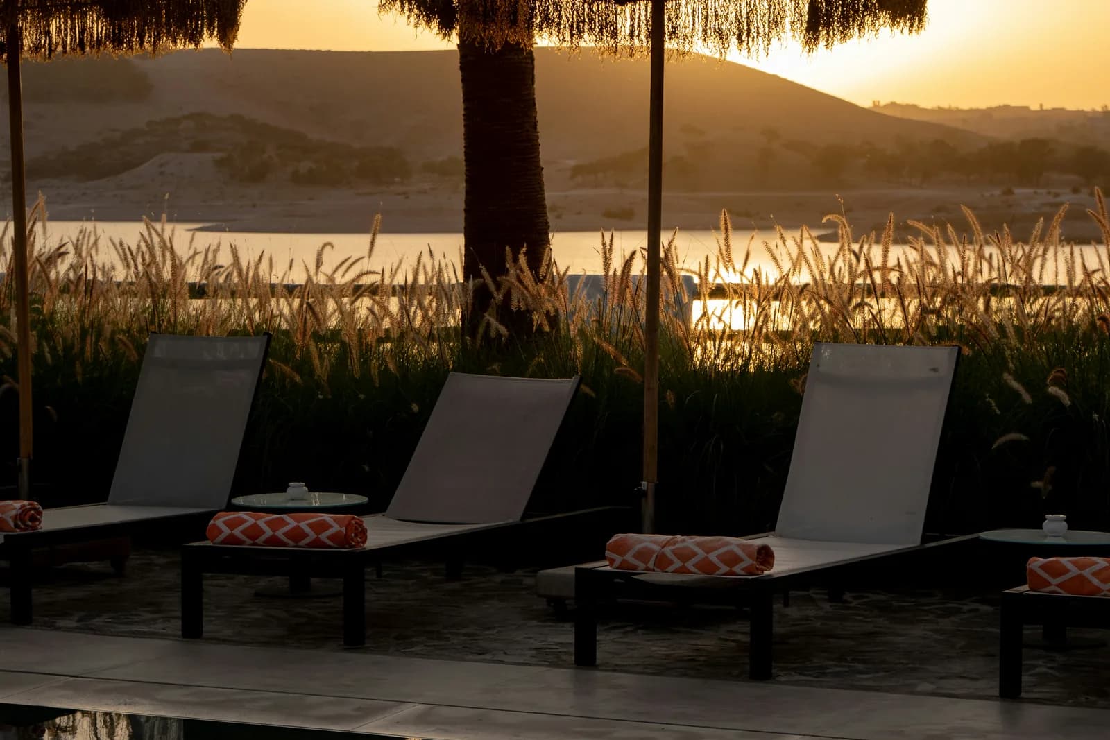 Loungers with rolled coral towels beside a still pool at golden hour, tall grasses catching the light behind.