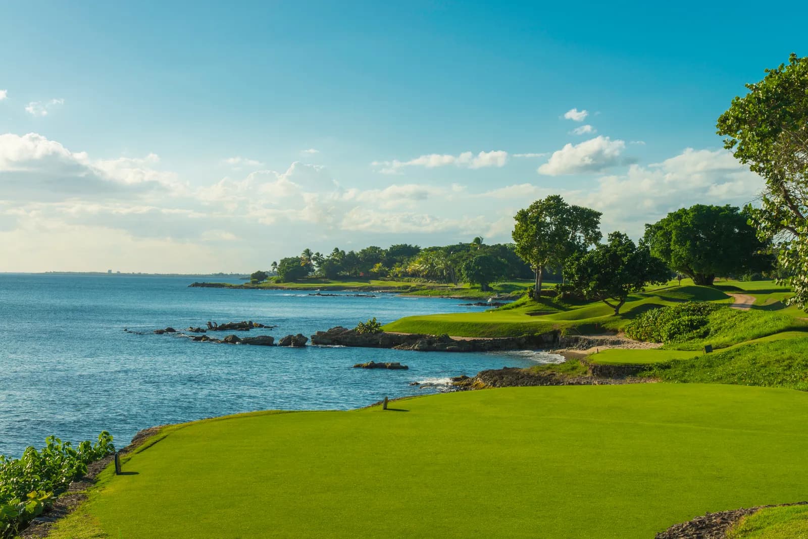View from a Teeth of the Dog green down a coastline of rocky coves and seaside holes