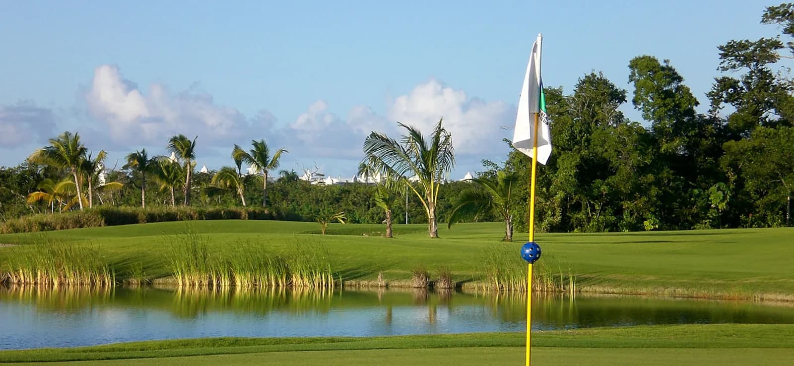 Aerial of lake-guarded fairways at Punta Blanca Golf Club