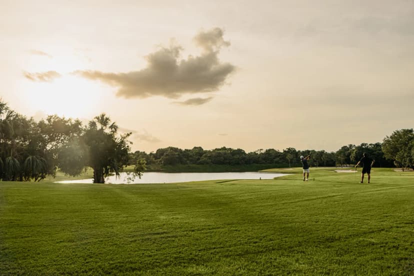Drone aerial of Gran Coyote fairways cut through coastal jungle