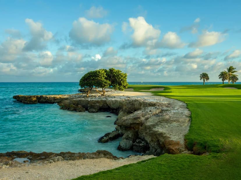 A rocky tidal cove edged by sea grape trees, with a Punta Espada green and palms on the point beyond