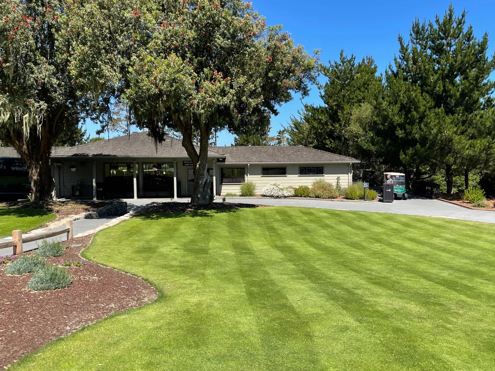 Spyglass Hill's low clubhouse behind a striped lawn, framed by Monterey pines and a flowering tree.