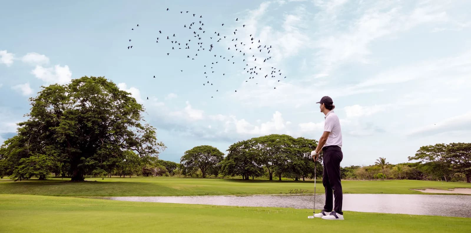 A golfer at the edge of a green at Buenaventura Golf Club watches a flock of birds cross above a lake, giant corotu trees lining the fairway.