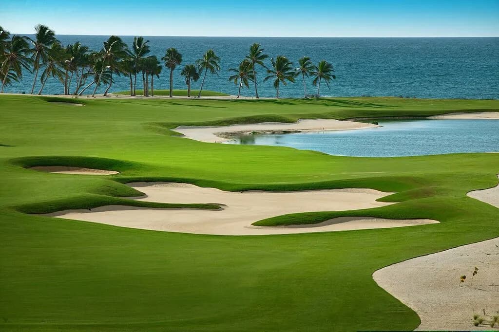 Punta Espada — sculpted bunkers, a lagoon guarding the green, and the Caribbean stretched out behind the palms.