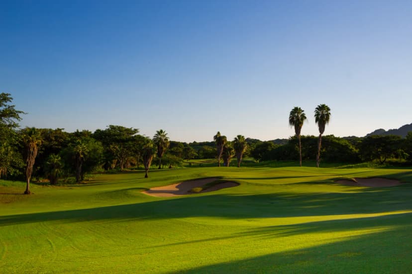 A rolling fairway and bunkers on the Jack Nicklaus course at Vista Vallarta in low afternoon light, with palms and a jungle ridge behind.