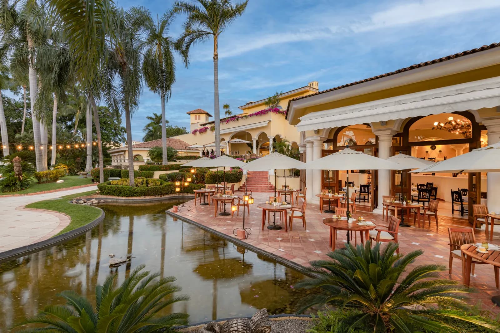Breakfast on the terrace beside the koi pond, before the first tee.