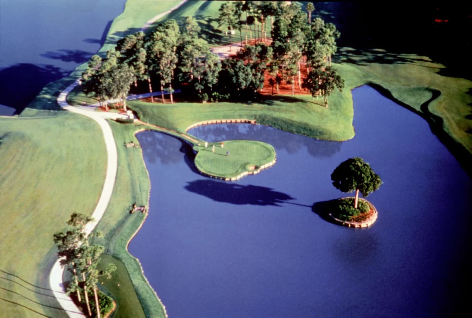 Aerial view of TPC Sawgrass' island-green 17th hole, the green ringed by water with its walkway, a tree island beside it and pines beyond.